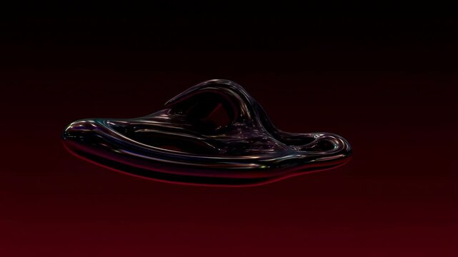 Black glossy amorphous shape morphs and flows smoothly against a dark red gradient background. Futuristic backdrop inspired by fluidity and transformation.