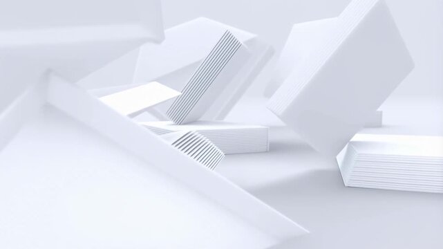 White 3D geometric shapes fall and collide in a minimalist light gray environment. Abstract backdrop shaped by falling motion, minimalism and geometry.