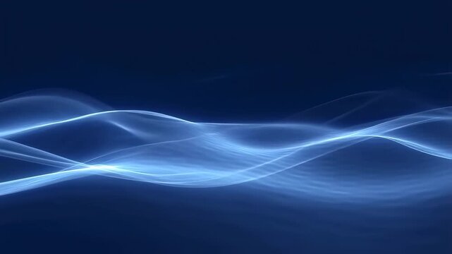 Blue glowing light waves flow and undulate smoothly over a dark blue gradient background with soft diffusion effects. Smooth animated scene for visual effects and digital art.