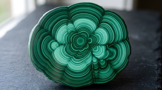 Polished malachite mineral specimen showcasing vibrant emerald green concentric banding and intricate natural patterns in close-up macro photography