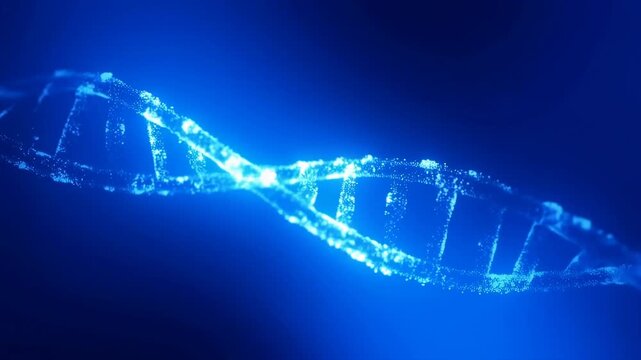 Glowing blue digital DNA double helix rotates and pulses in a dark gradient background. Abstract backdrop shaped by rotation, dna structure and genetic code.