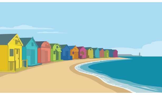 Folkestone Kent Beach Huts Colorful British Coastal Landscape Vector Art