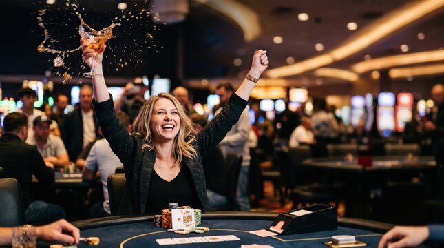 Excited woman celebrating a big win at a poker table holding a drink. Blurred casino interior creates a high stakes atmosphere.