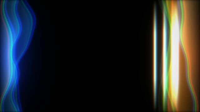 Abstract glowing light streaks in blue and orange hues with wavy patterns on a black background