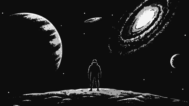 Astronaut standing on a lunar surface gazes at planets and a ringed celestial body in a monochrome illustration