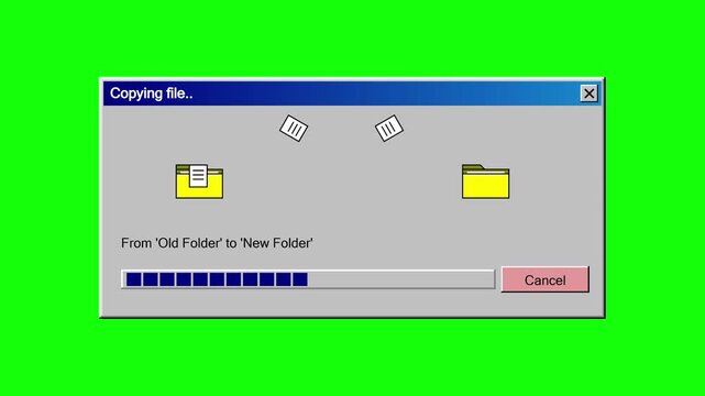 An animated computer dialog box with a progress bar indicates files being copied from an old folder to a new folder on a green screen.