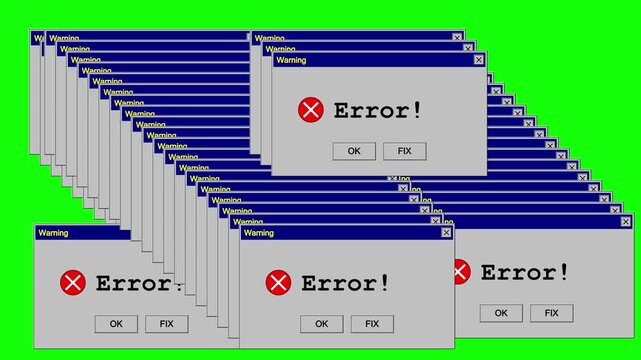 Retro computer operating system error message dialog boxes cascade across a bright green screen background.