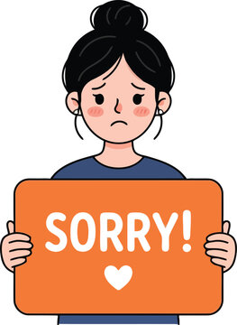Sad woman holding sorry sign, apologetic female character with orange banner, unhappy girl expressing regret and apology vector illustration