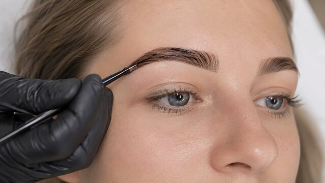 Professional eyebrow tinting procedure with precise brush application in beauty salon