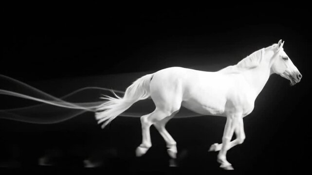 Majestic White Running Horse with Ethereal Smoke Trails on Black