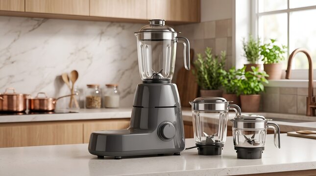 Modern grey mixer grinder and blender with interchangeable glass jars on a white kitchen countertop, 3D rendering
