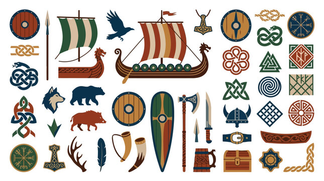 Set of various Viking themed icons and symbols including longships shields axes and celtic knotwork patterns.