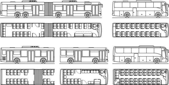 Technical bus line art vector with side views and interior floor plans