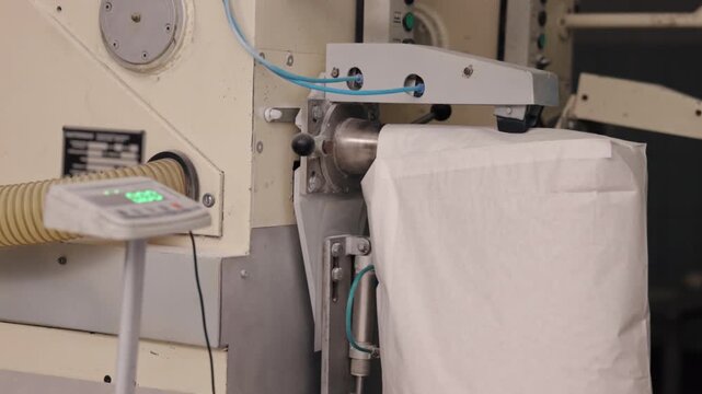 Industrial packaging, bag sealing, automated machines. Detailed examination machine used for encasing white sugar in textile bags.
