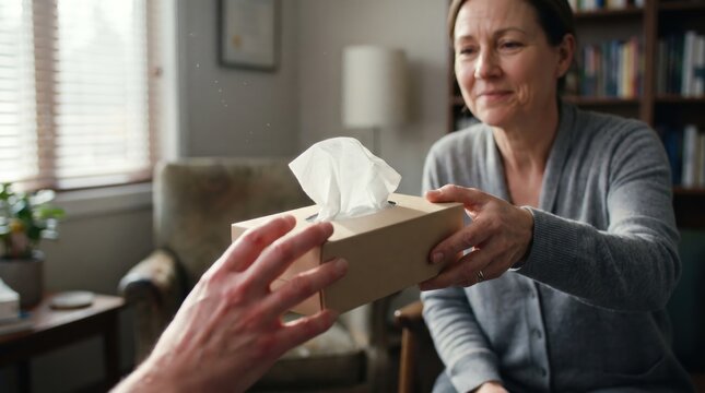 Woman handing a tissue box to another person in a warmly lit home interior, supportive exchange with soft furnishings and shelves in the background, everyday domestic care scene
