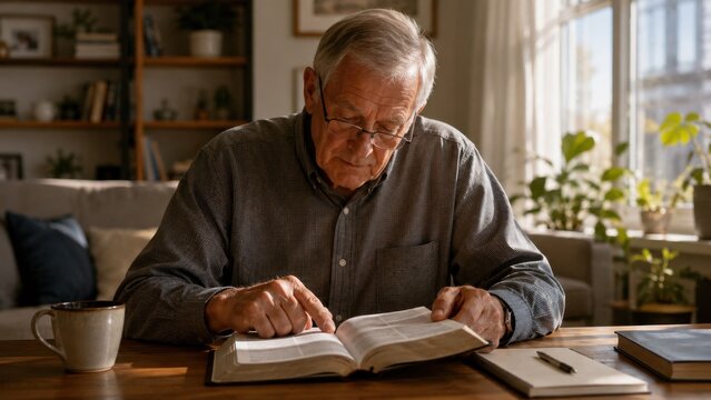 Senior man reading Bible at home in warm sunlight during quiet personal faith study