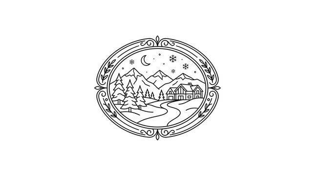 Minimalist Line Art Illustration of Winter Mountain Cabin at Night in Ornate Frame