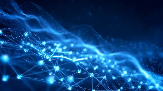 Glowing blue nodes pulse and connect through drifting particles and flowing lines on a dark digital background. Animated texture shows points of light and lines with flowing movement.