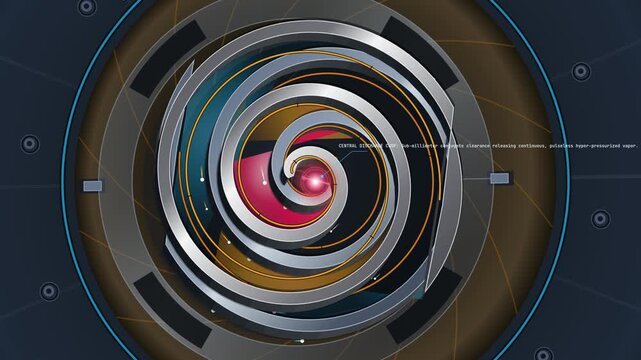 Detailed 3D animation of an involute scroll compressor mechanism demonstrating gas compression fluid dynamics and thermodynamic principles for engineering and scientific visualization