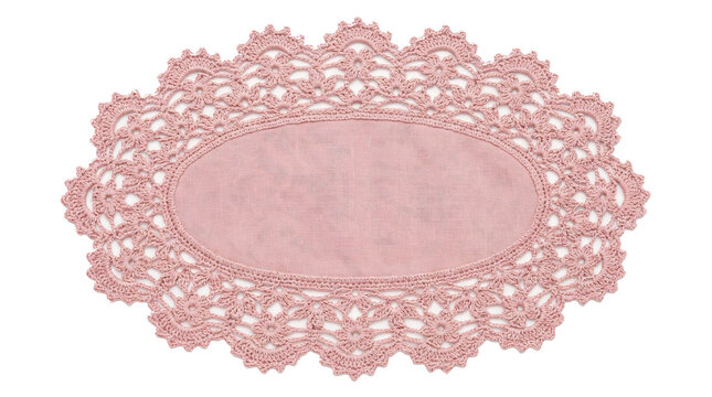 Vintage pink crochet lace doily centerpiece featuring intricate ornamental border pattern on transparent background
