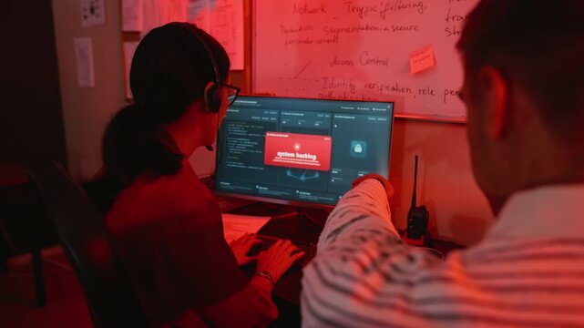 Caucasian young adult woman working on computer experiencing cybersecurity breach and alerting colleague. Useful for cyber security commercials and tech crisis management content