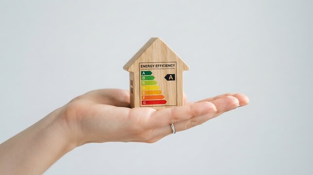 Hand holding wooden house with energy efficiency rating