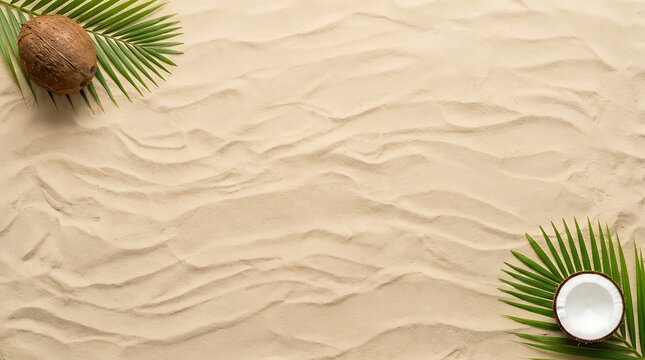 Whole and halved coconuts with green palm leaves on textured beach sand, flat lay composition with copy space
