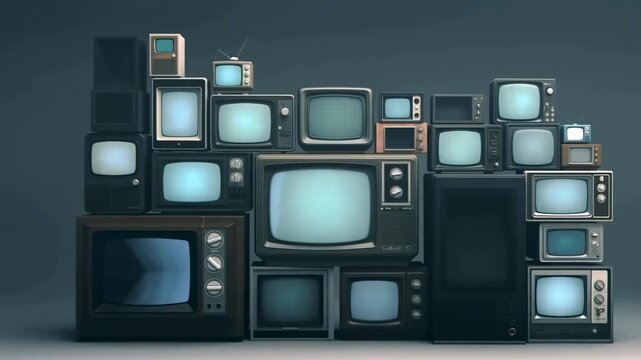Centered stack of vintage television sets flickers with animated noise and changing screen images. Abstract animation features flickering motion and luminous energy.