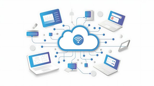Cloud computing network connecting diverse devices with wifi signal and data flow on white background