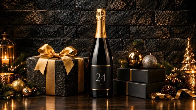 Bottle of champagne featuring label number twenty four stands beside wrapped black presents and pine branches for festive holiday celebration decor theme.