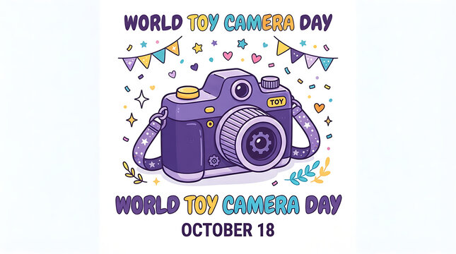 colorful triangular bunting with confetti, stars, and hearts, plus green branches and "WORLD TOY CAMERA DAY / OCTOBER 18."