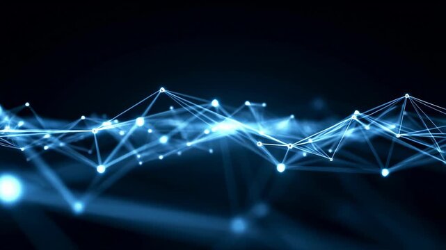Flowing digital network mesh with glowing nodes and connecting lines on a dark background. Animated texture shows points and lines with pulsing motion.
