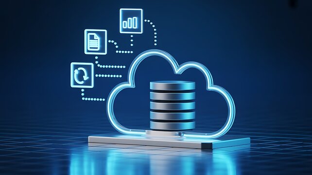 Cloud database with glowing icons for data management during digital transformation concept with blue neon lighting
