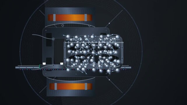 3D animation of magnetocaloric refrigeration technology illustrating electron spin orientations magnetic field application and thermal energy exchange without chemical refrigerants