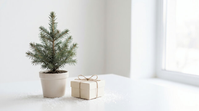 Minimalist winter Christmas composition, small evergreen tree standing on a clean white surface with a few delicate snow particles and one simple cream gift box, bright airy background