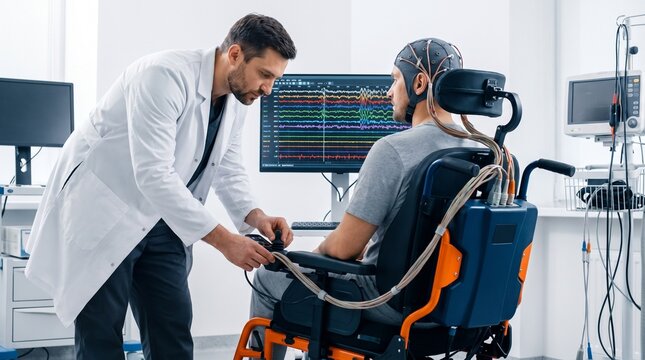 Doctor checking the connection between a paralyzed patient&rsquo;s brain signals and robotic wheelchair using advanced neural control technology