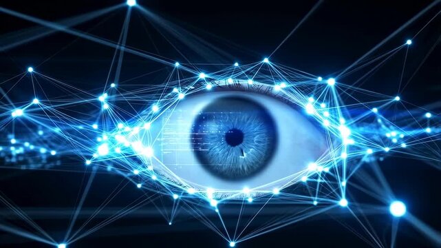 Digital human eye glows with blue network nodes and connecting lines pulsing dynamically on a dark background. Animated scene combines eye glowing nodes connecting with light.
