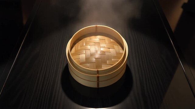 伝統的な和の調理場に置かれた竹製せいろの蓋から立ち上る温かい白い湯気
