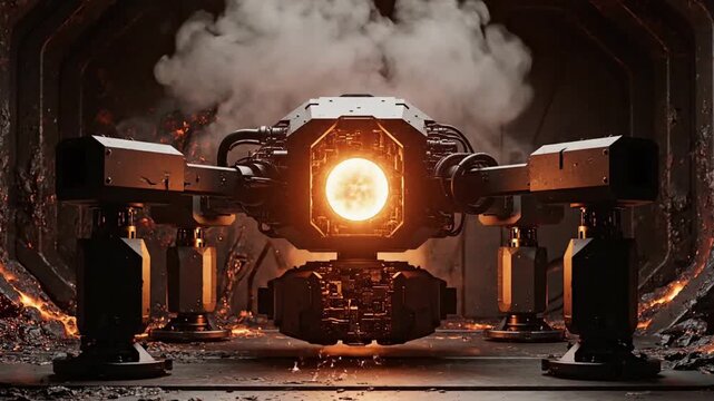 Cinematic close-up of a dark four-legged combat drone with a fiery circular eye, standing amidst smoke and sparks in a gritty sci-fi environment.