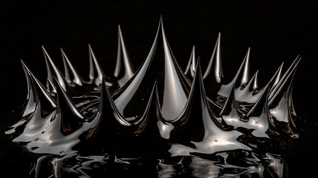Extreme macro photography, sharp ferrofluid spikes, liquid metal simulating advanced AI data flow, stark rim lighting, quantum computing technology concept, 8k copy space