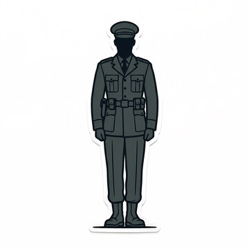 Full body vector illustration of a male soldier in formal military service uniform and peaked cap standing at attention, isolated on white background, officer sticker style icon.