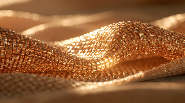 Extreme macro photography, glowing golden metallic conductive fabric mesh, advanced industrial EMF shielding material, 8k copy space