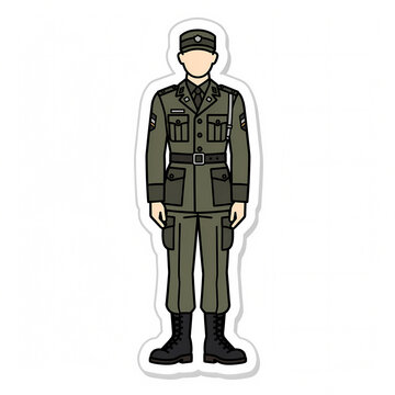 Full length vector illustration of a male soldier character in green military service uniform wearing a cap and black combat boots, isolated sticker style flat design graphic icon.