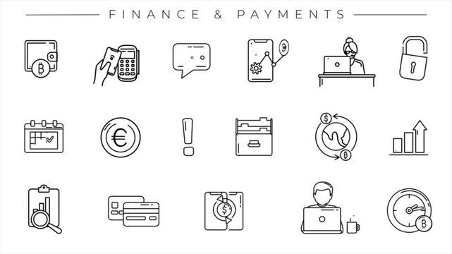 Finance and payments line icon set, online banking symbols, cryptocurrency wallet, credit card terminal, mobile transfer, business growth vector background, copy space