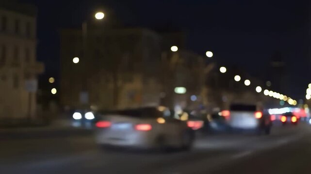 Intentionally blurred nighttime city traffic moves along a multi-lane urban roadway beneath glowing. Transportation presentations, automotive advertising, and urban planning projects.