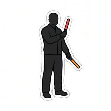 Vector Illustration of a Male Airport Ground Crew Marshaller Standing and Holding Two Glowing Signal Wands for Aircraft Guidance, Isolated on White Background with Sticker Edge Style
