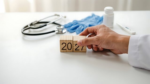 Medical hand placing wooden block with number 27 to update year to 2027 on white desk with stethoscope and medical supplies nearby