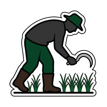 Vector illustration of a male rice farmer harvesting crops with a sickle tool on white background, agricultural worker sticker design for farming industry concept