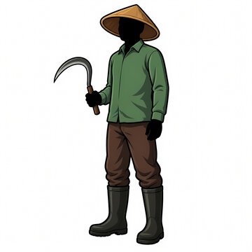 Vector Illustration of a Male Rice Farmer Wearing a Traditional Conical Straw Hat and Holding a Sickle Tool Isolated on White Background for Agricultural and Farming Design Concept