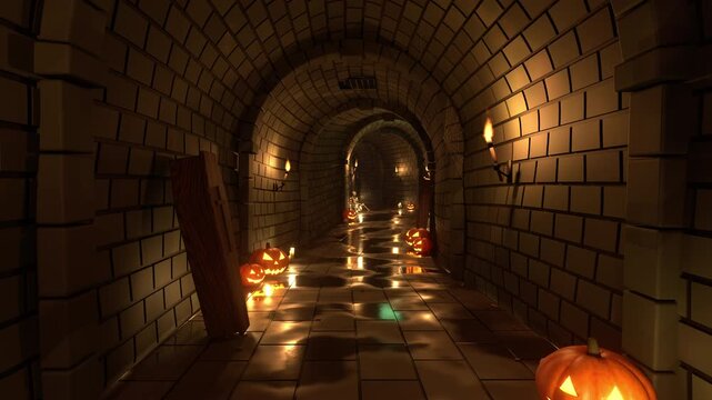Halloween pumpkin glowing with carved jack o lantern face, lit candles, skeleton, coffins, burning torches on brick walls, dark spooky underground dungeon corridor corridor tunnel